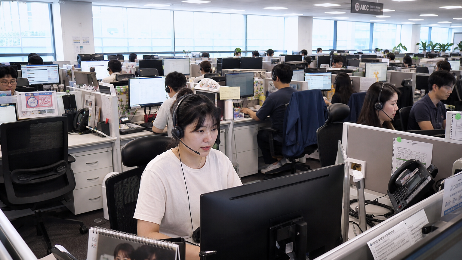오픈 플랜 사무실에서 전화와 컴퓨터로 응대 중인 한국 고객 서비스 상담원의 바쁜 모습