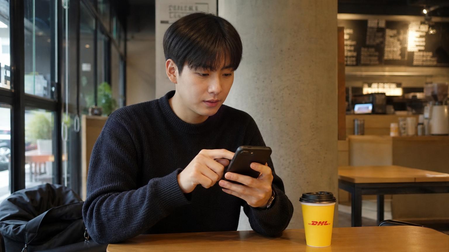 트렌디한 카페에서 커피와 함께 스마트폰으로 DHL 모바일 앱을 사용하는 젊은 성인의 모습