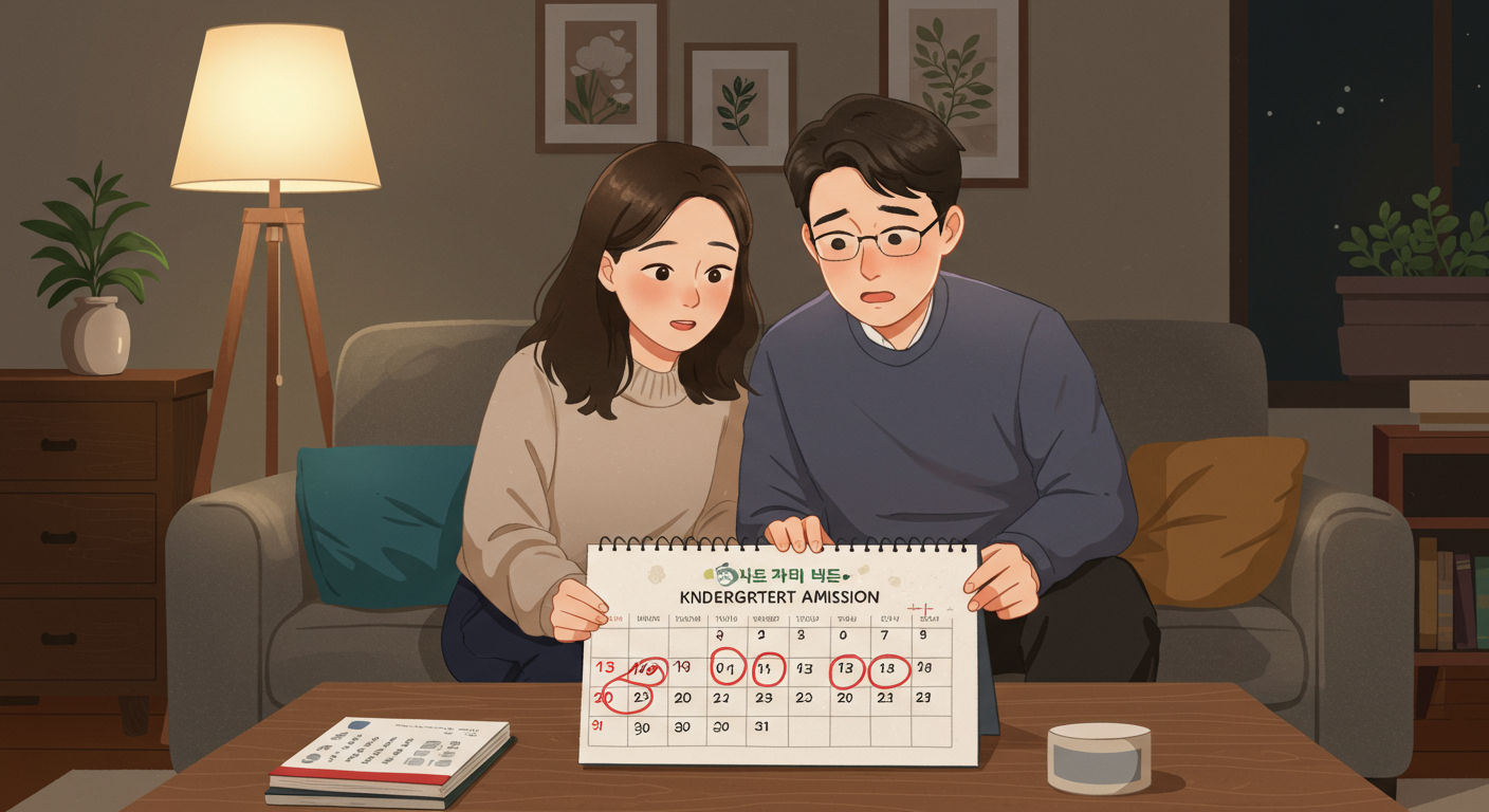 유치원 입학일정을 달력에 표시하며 거실에서 계획을 논의하는 부모