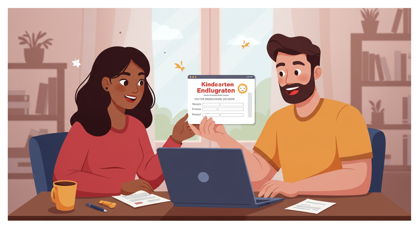 노트북으로 우선모집 신청서를 작성하며 혜택을 논의하는 부모