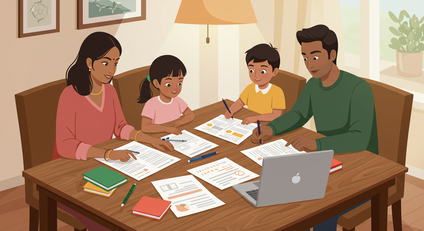 식탁에 앉아 서류와 노트북을 두고 일정 계획 중인 가족