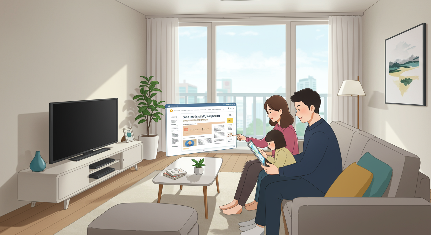 현대식 아파트 거실에서 태블릿으로 자격 요건 확인 중인 가족