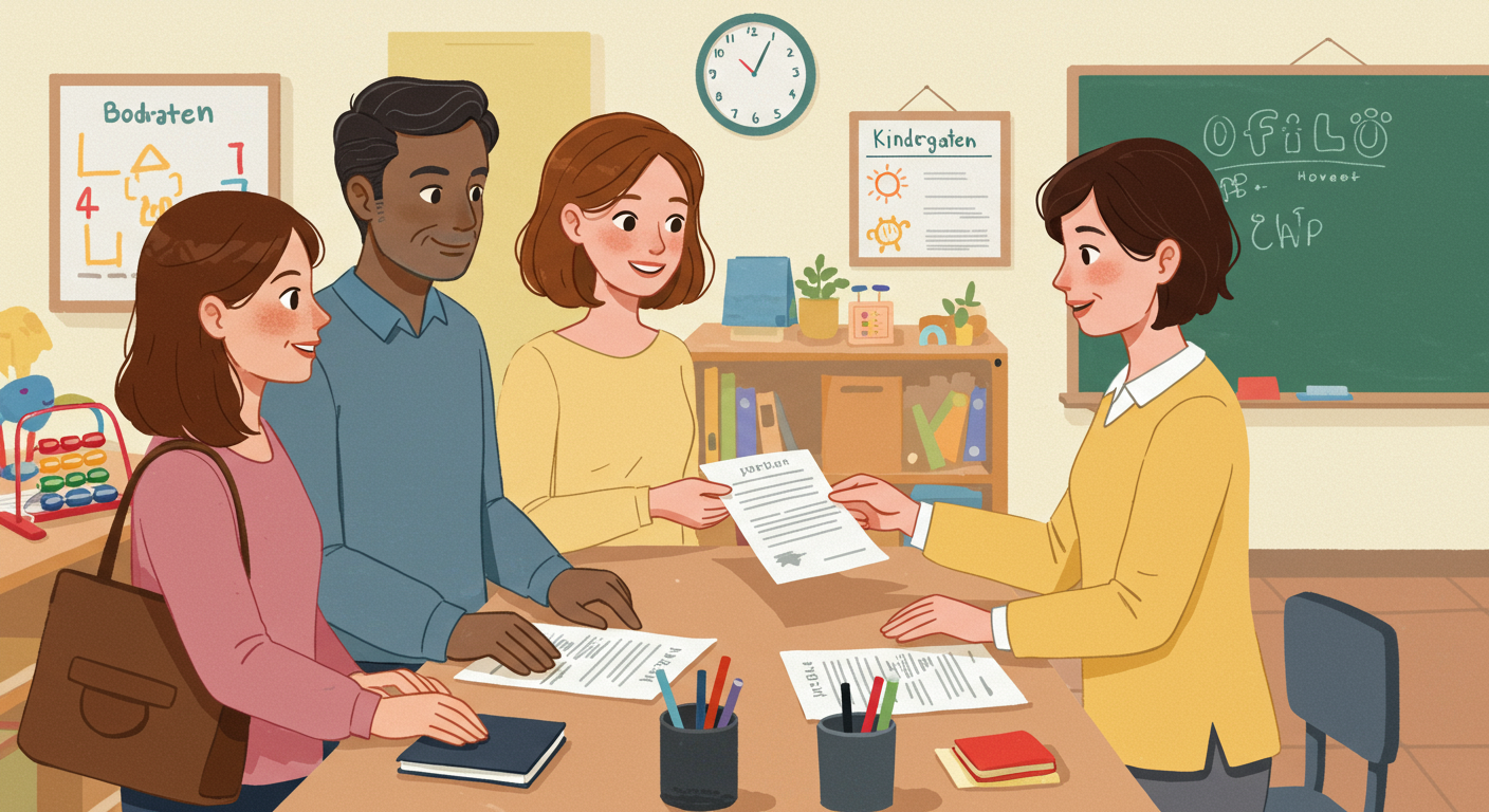 유치원 사무실에서 직원의 도움을 받으며 현장등록하는 부모