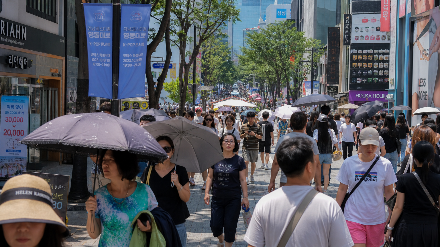 무더운 여름날 서울의 번화한 거리에서 사람들이 양산과 모자를 쓰고 활발히 활동하는 모습