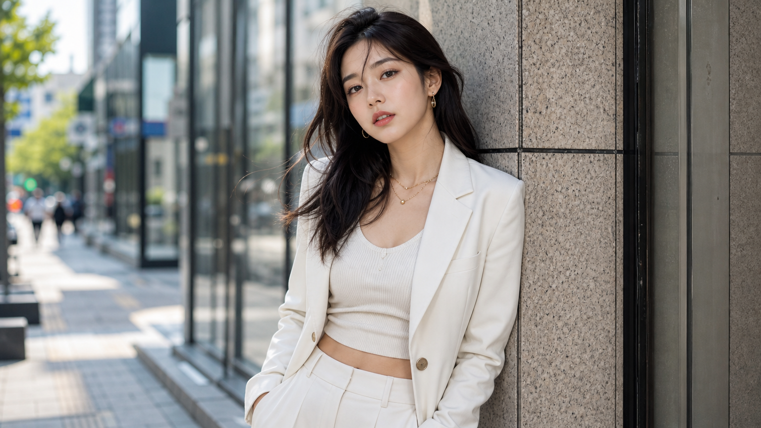 도심 거리에서 세련된 의상을 입고 자신감 있는 포즈를 취하는 여배우