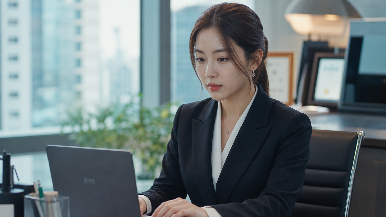 현대적인 사무실에서 세련된 정장을 입은 여성의 모습