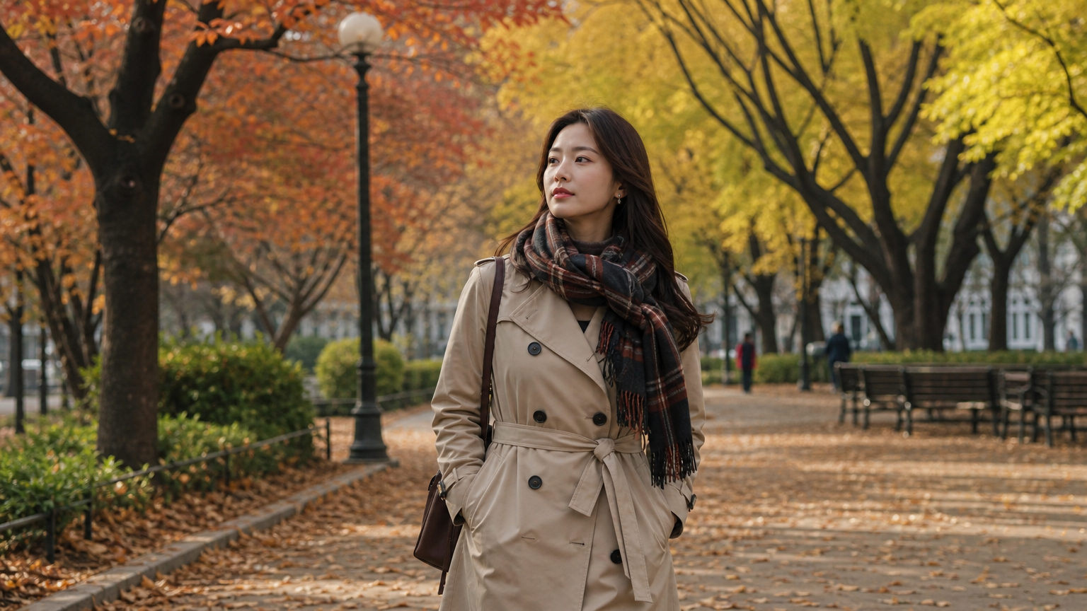 가을 공원을 걷는 여성의 트렌치코트와 스카프 스타일