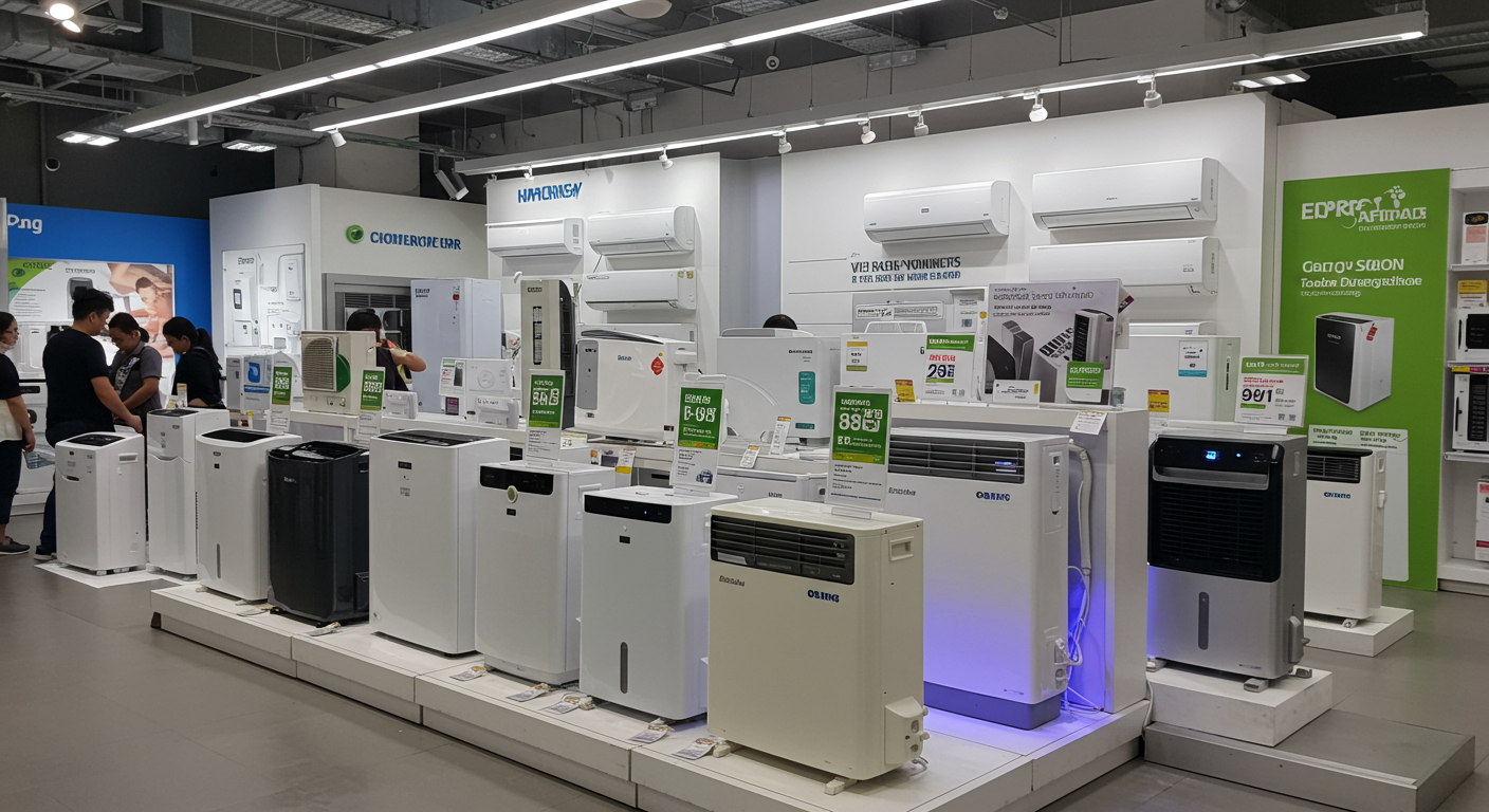 전자제품 매장에서 에어컨과 제습기 등 다양한 에너지 효율 가전이 진열된 모습