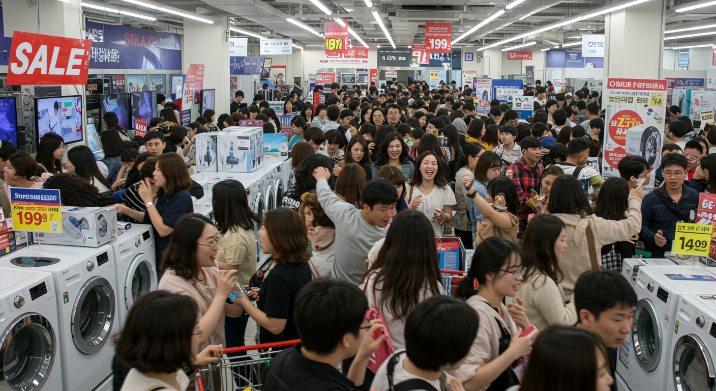 전자제품 매장에서 할인 이벤트 중 급하게 제품을 고르는 바쁜 쇼핑객들