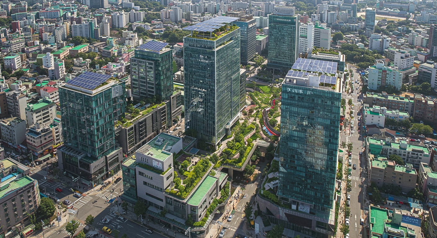 태양광 패널과 녹색 지붕이 있는 현대적인 건물들이 보이는 한국 도시 풍경