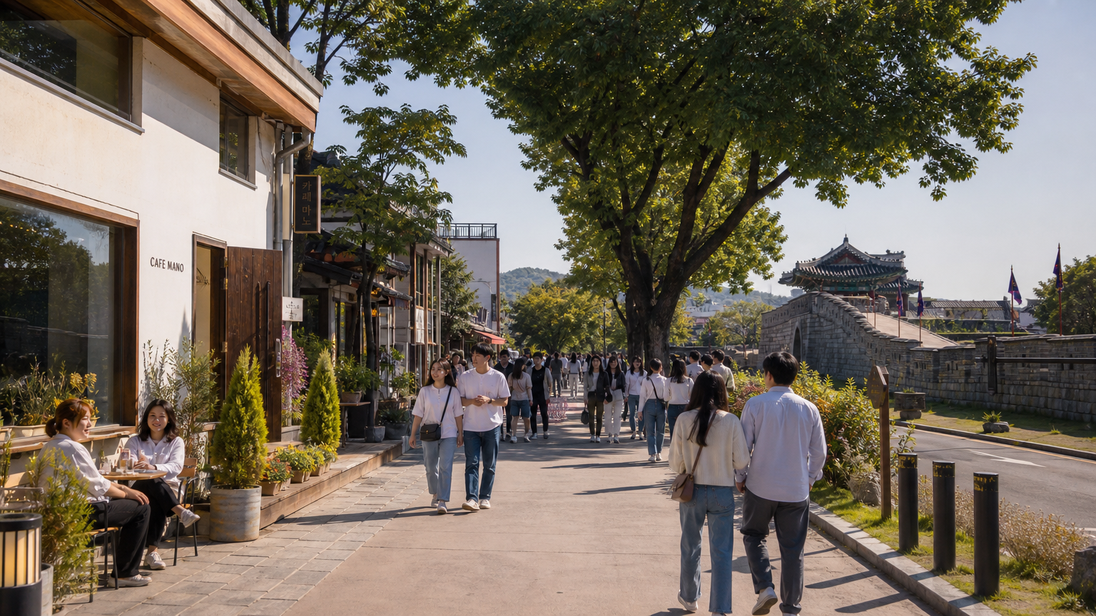 수원의 행궁동에서 커플과 친구들이 성곽길과 세련된 카페를 즐기는 활기찬 주말 풍경