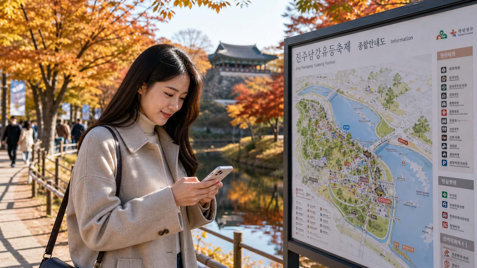 한국 여성이 스마트폰으로 진주 유등축제를 계획하며 가을의 풍경 속에 있는 모습