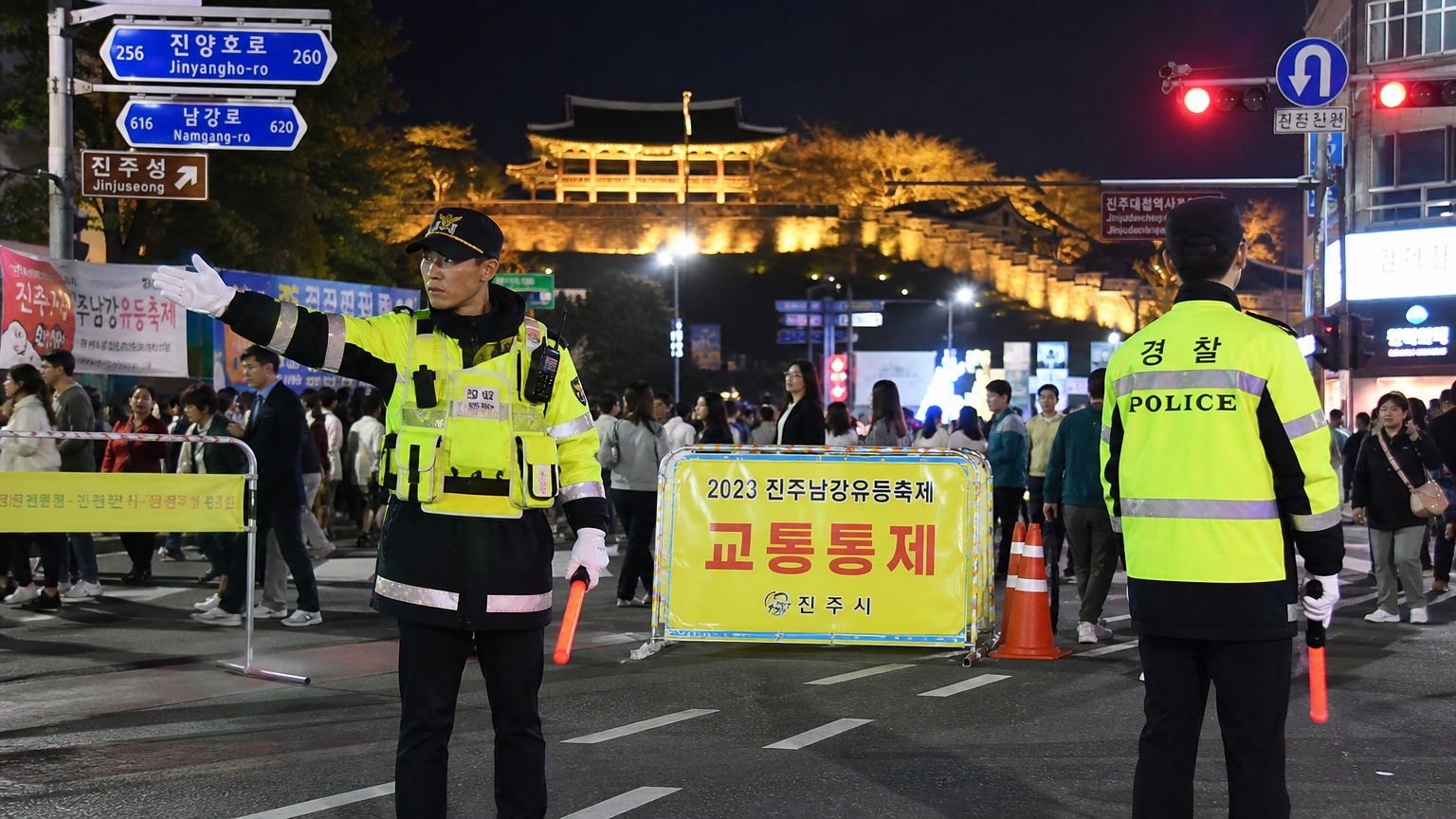 교통 안내 요원들이 차단된 도로 근처에서 방문객들을 안내하는 모습