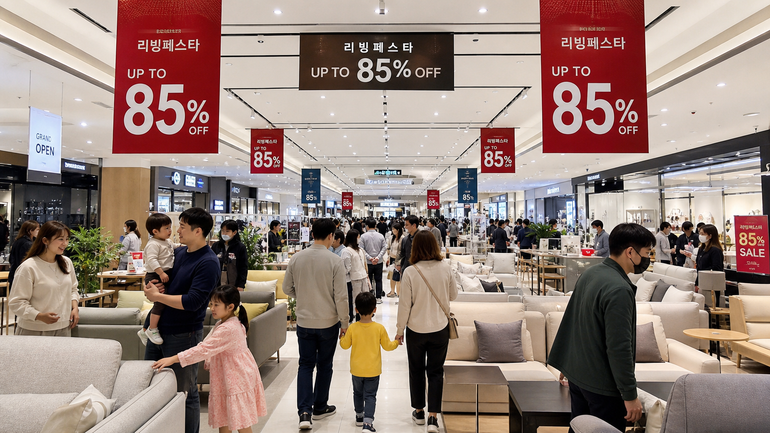 현대적이고 바쁜 쇼핑몰에서 가구와 인테리어 용품을 둘러보는 가족들
