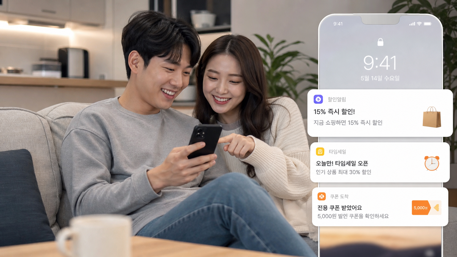 모바일 앱으로 실시간 할인을 받으며 집에서 편안히 앉아 있는 젊은 커플