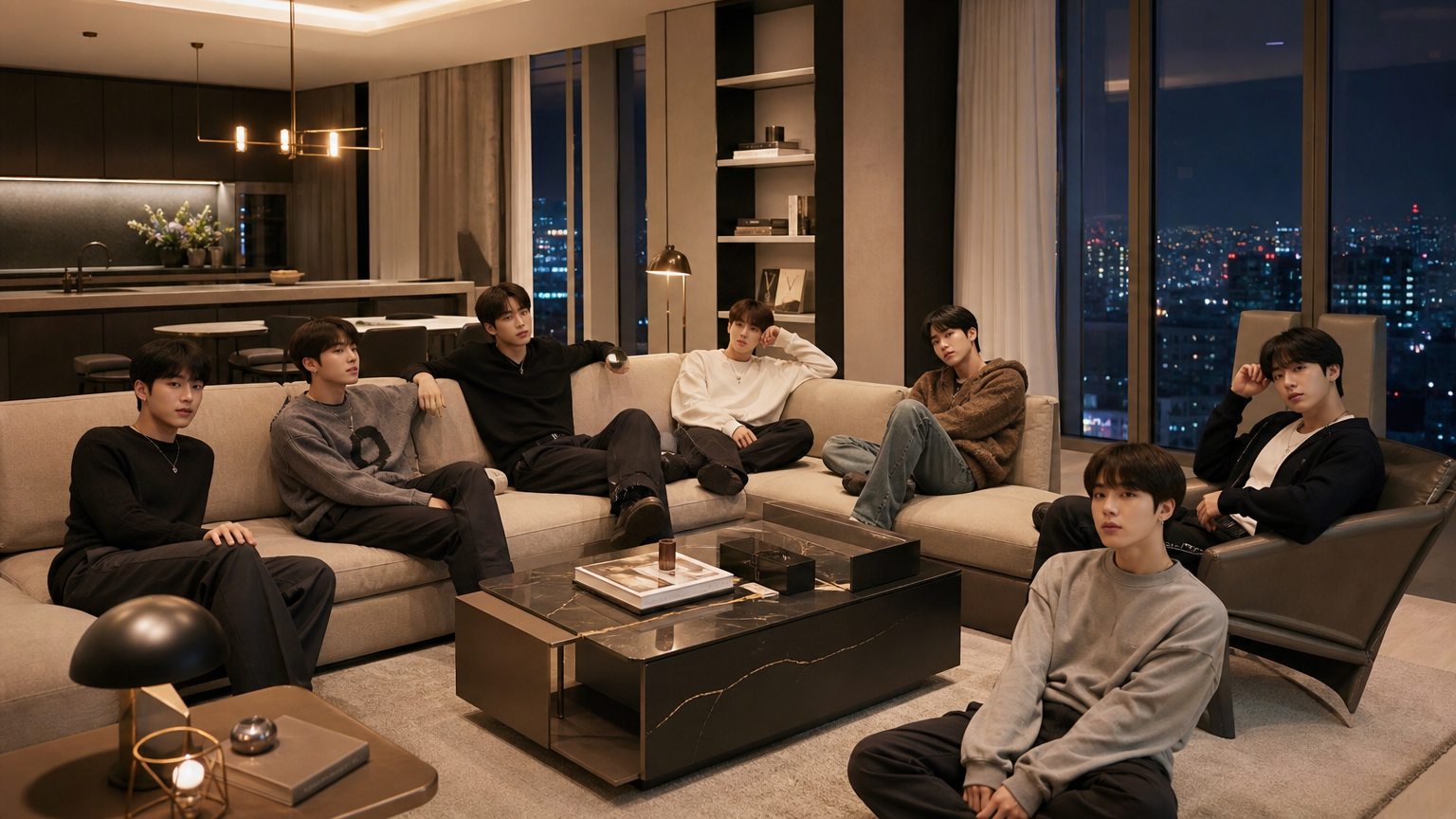 현대적인 서울 아파트에서 아이돌 그룹 멤버들이 거실에 모여 휴식을 취하는 모습