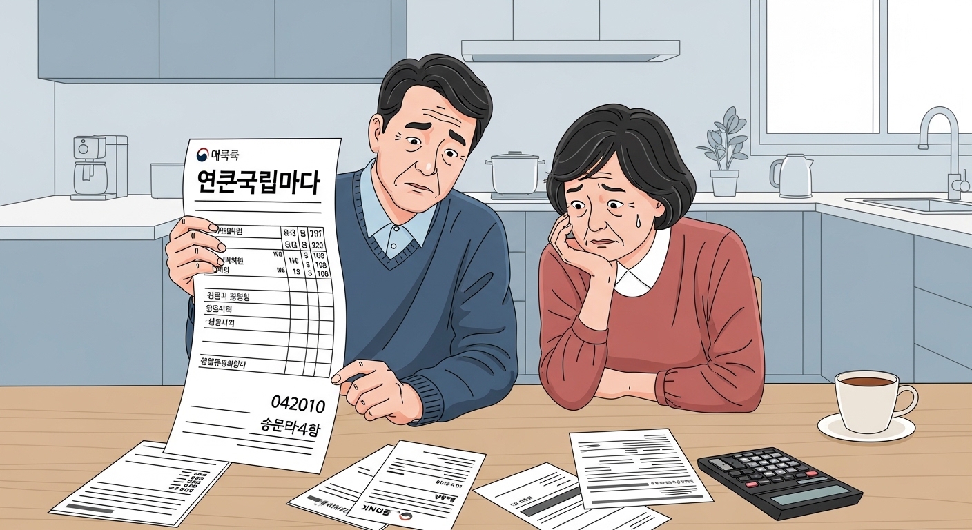 주방 테이블에서 건강보험 청구서를 보고 걱정하는 한국의 은퇴자들