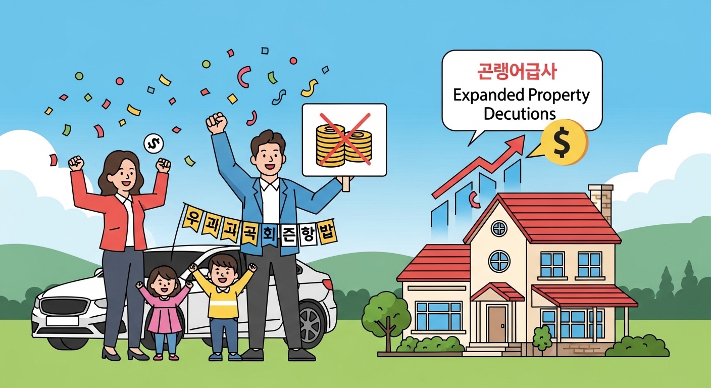 자동차 보험료 폐지와 재산 공제로 기뻐하는 한국 가족