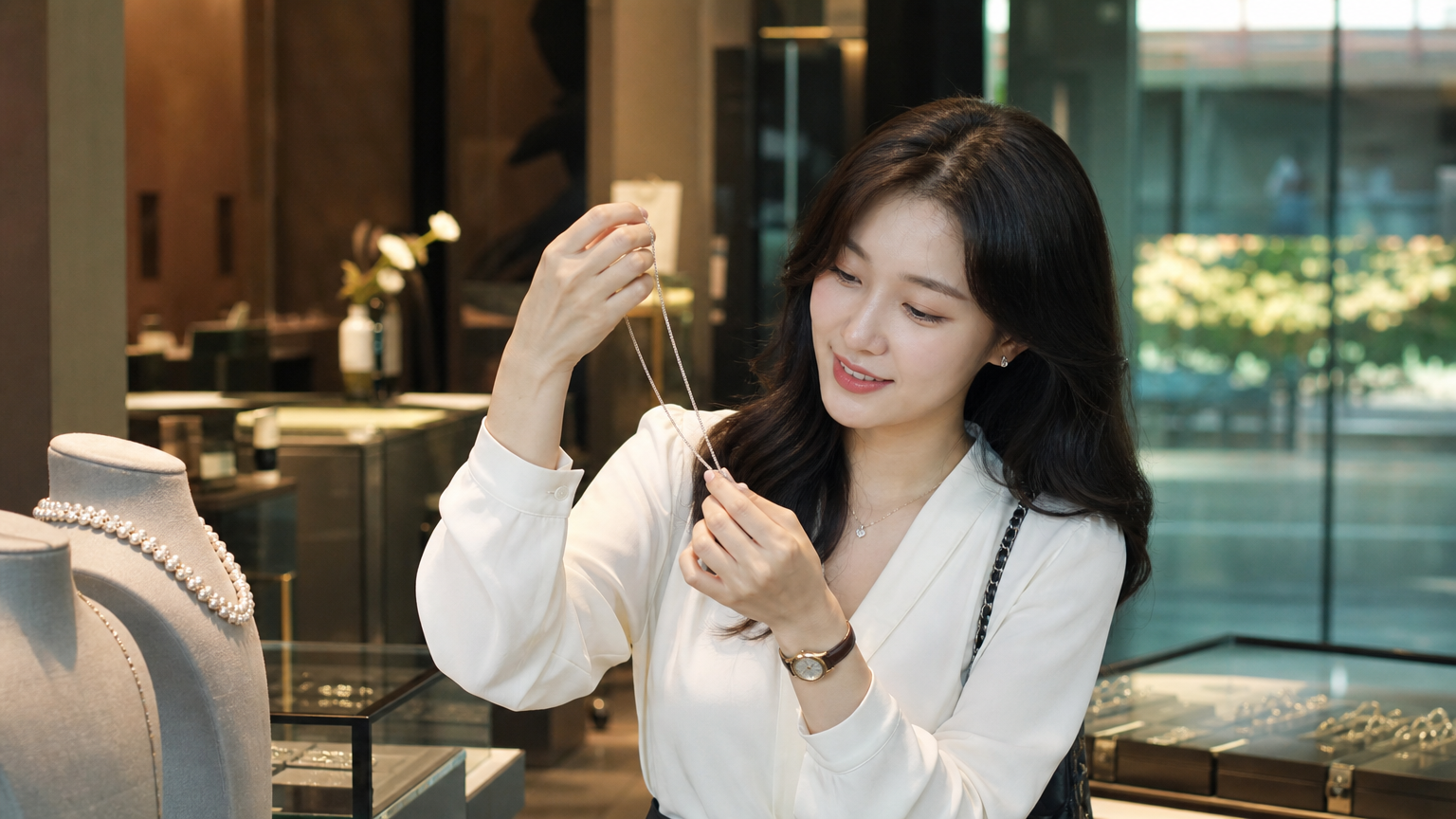 세련된 부티크 매장에서 은 목걸이를 감상하는 현대적인 여성