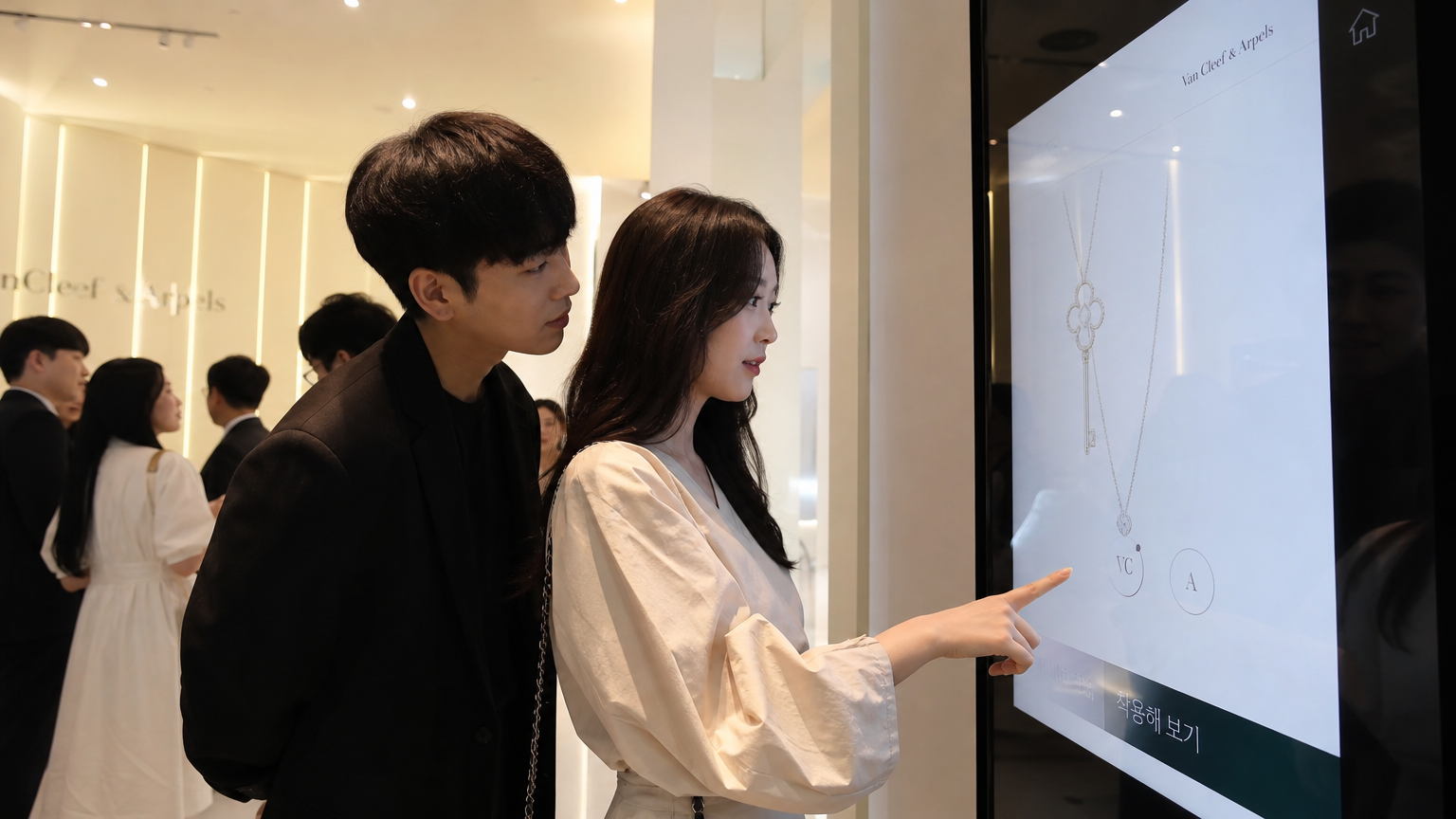 럭셔리 주얼리 팝업 이벤트에서 디지털 디스플레이와 상호작용하는 젊은 사람들