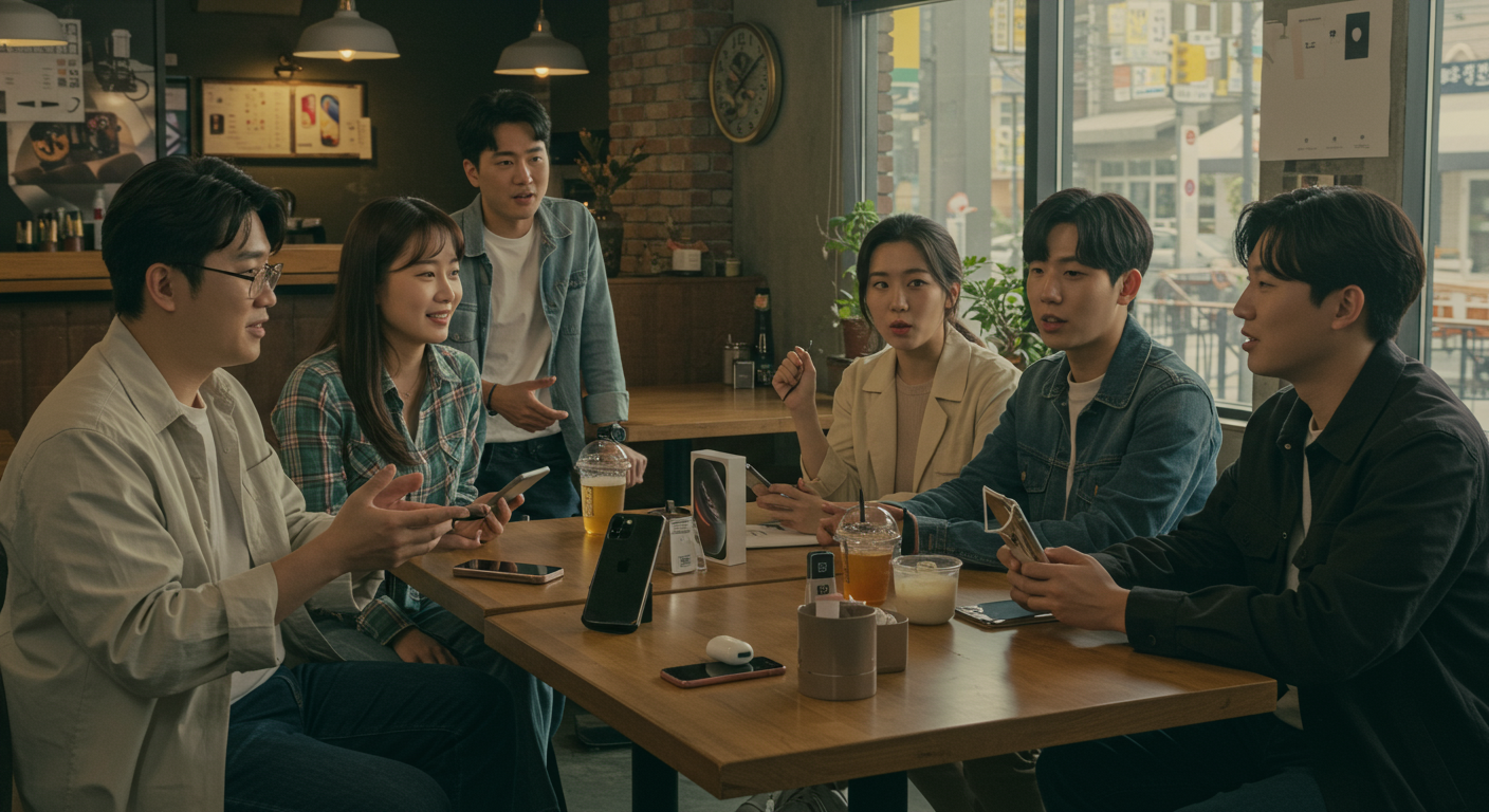 서울 카페에서 최신 아이폰 출시 소식을 논하는 젊은 기술 애호가들