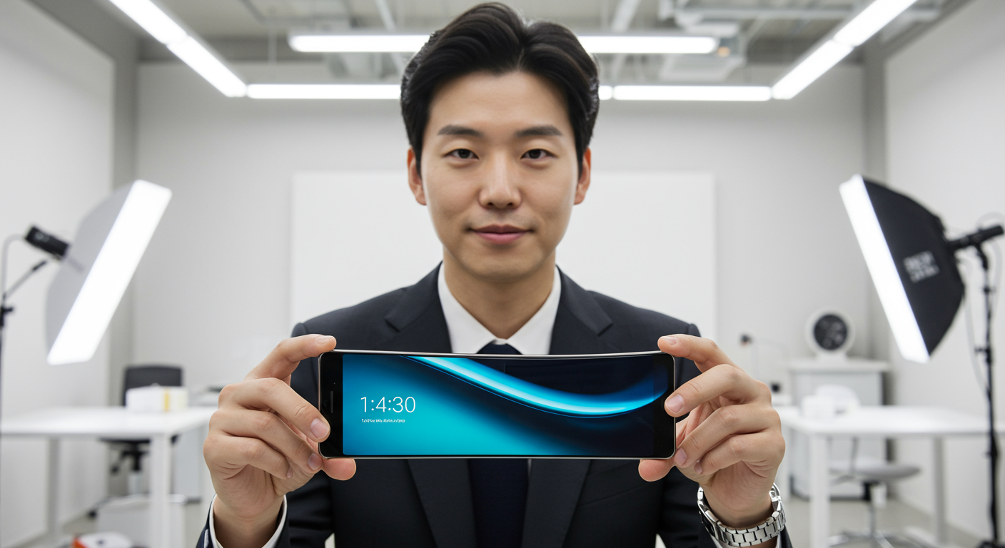 스타일리시한 스튜디오에서 초슬림 스마트폰 디자인을 선보이는 디자이너