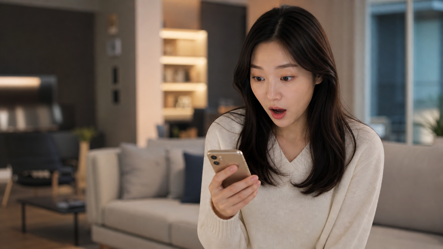 스마트폰을 보고 놀라는 표정의 한국 여성