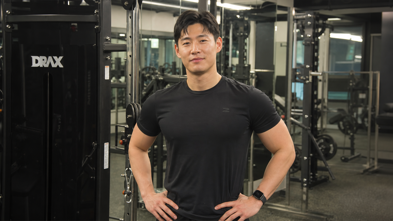 운동복을 입고 체육관에 서 있는 건강미 넘치는 한국 남성