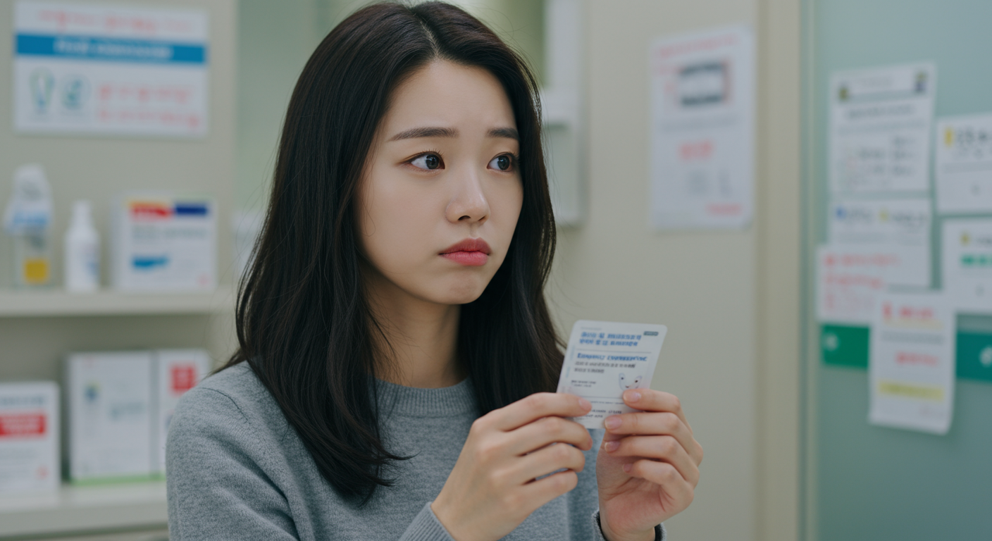 젊은 여성이 응급 피임약 패키지를 들고 있는 의료 상담실 장면