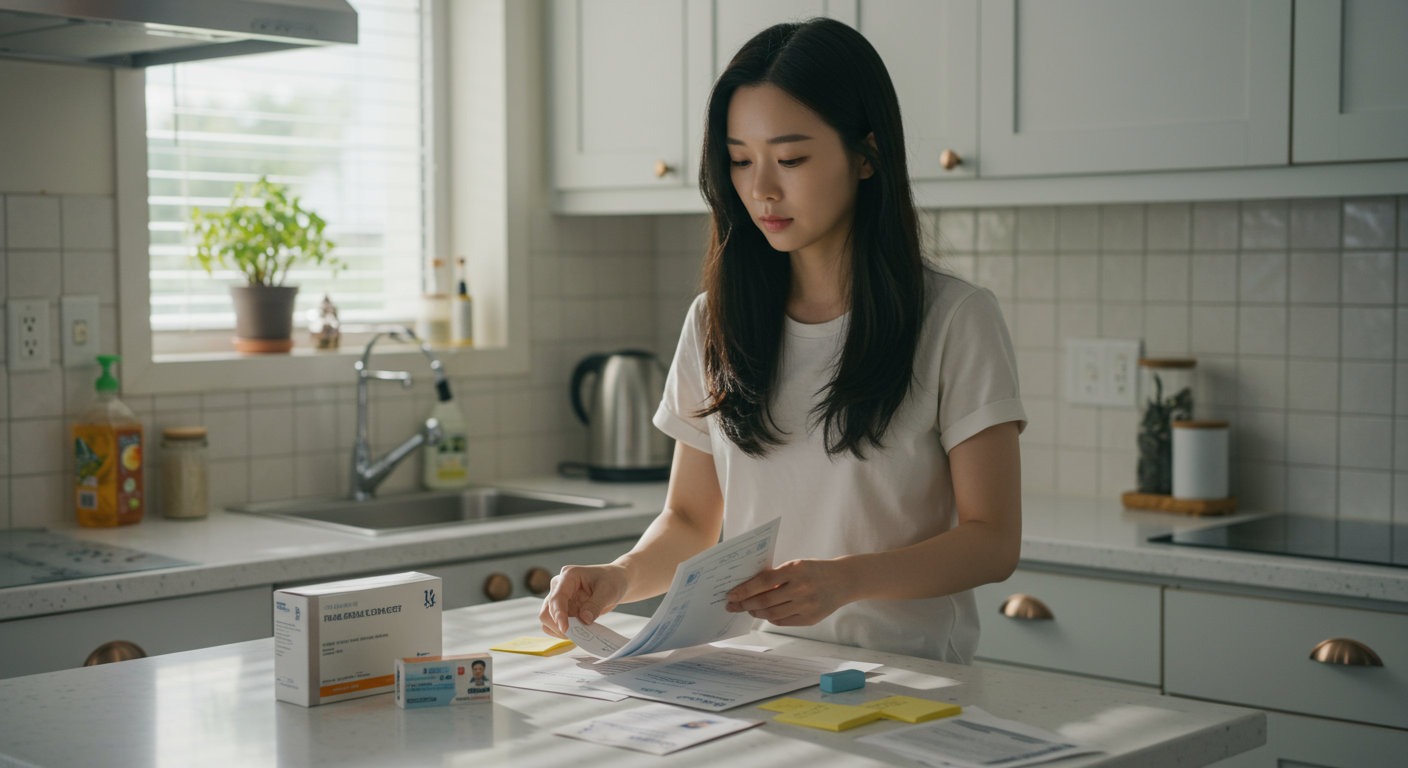 여성이 집에서 신분증과 처방전을 준비하는 모습
