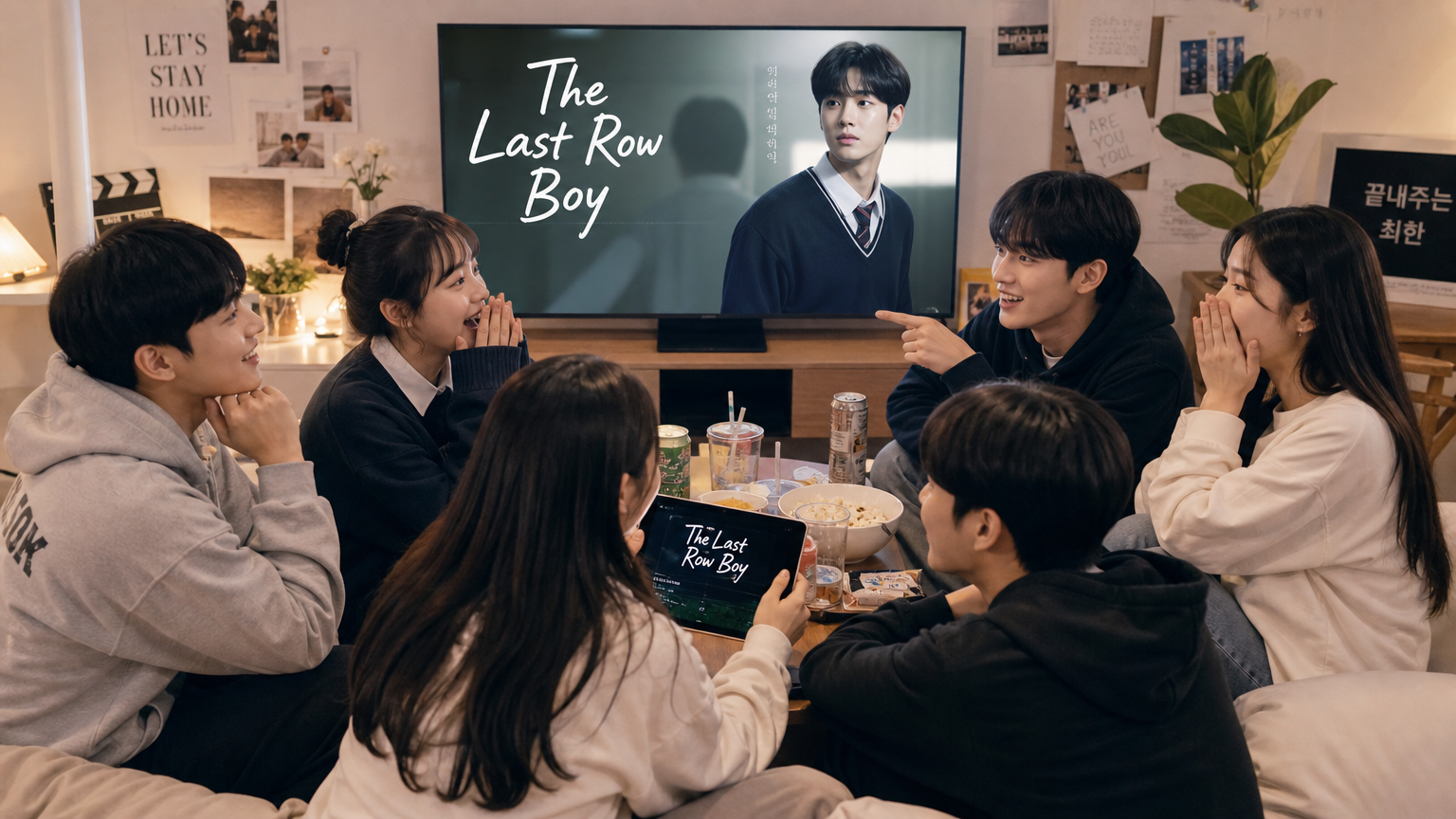한국의 청소년들이 거실에 모여 드라마 '맨 끝줄 소년'에 대해 이야기를 나누는 모습