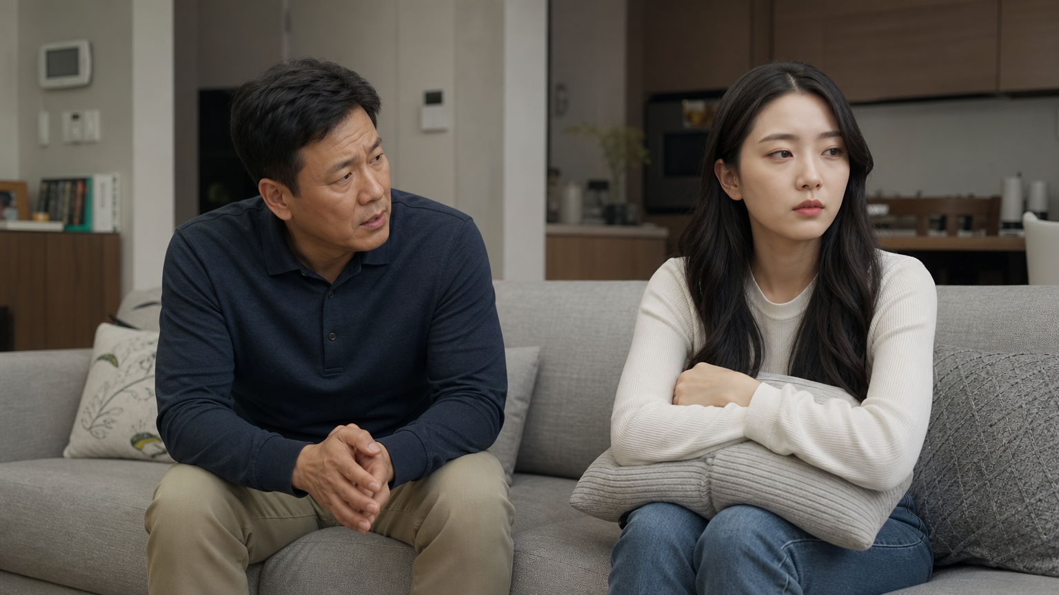 현대적인 거실에서 긴장된 분위기의 가족, 걱정스러운 표정의 아버지와 거리감을 느끼는 성인 딸