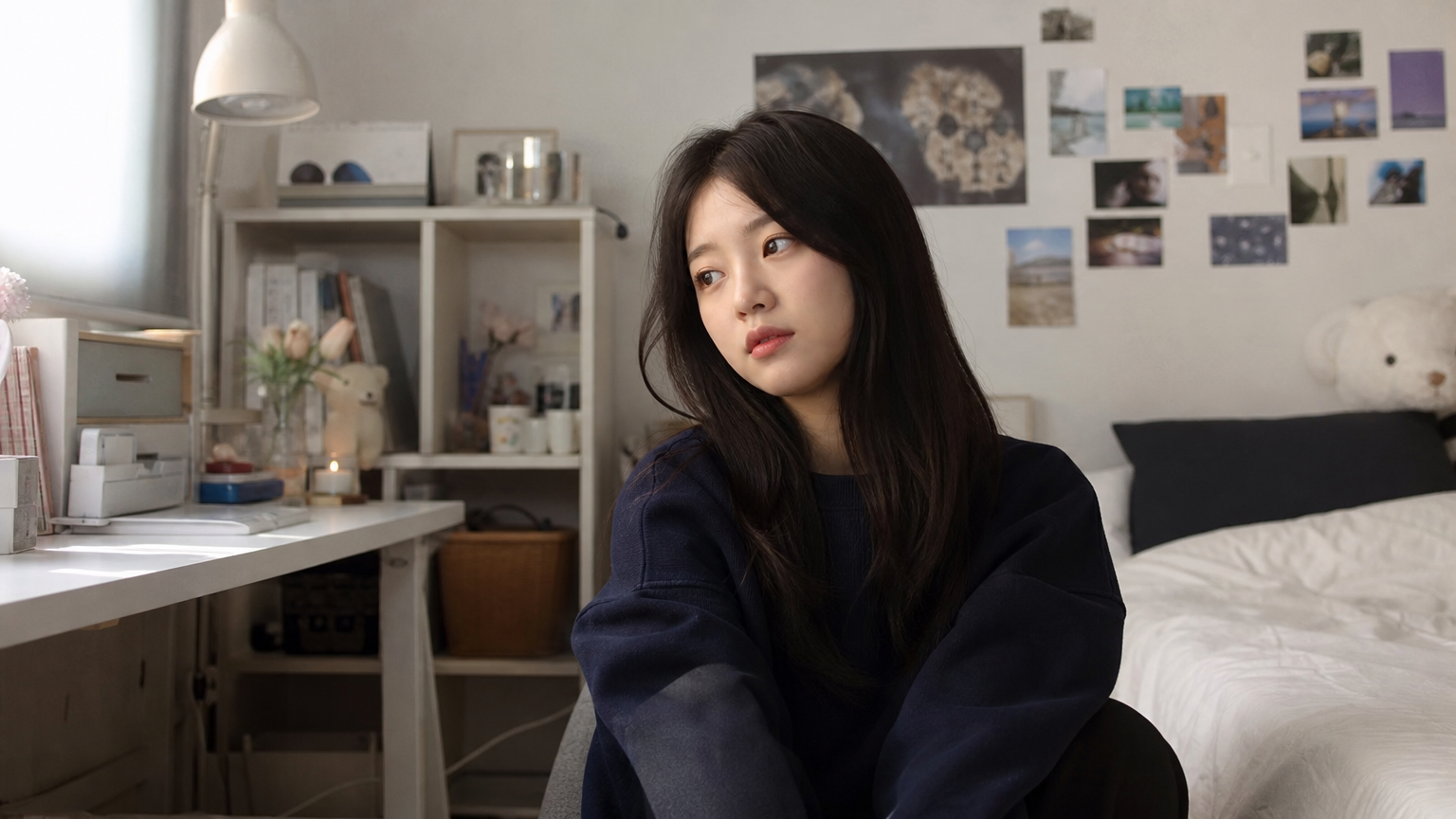 침실에 혼자 앉아 생각에 잠긴 한국인 사춘기 소녀, 그녀의 개성을 반영한 현대적인 인테리어