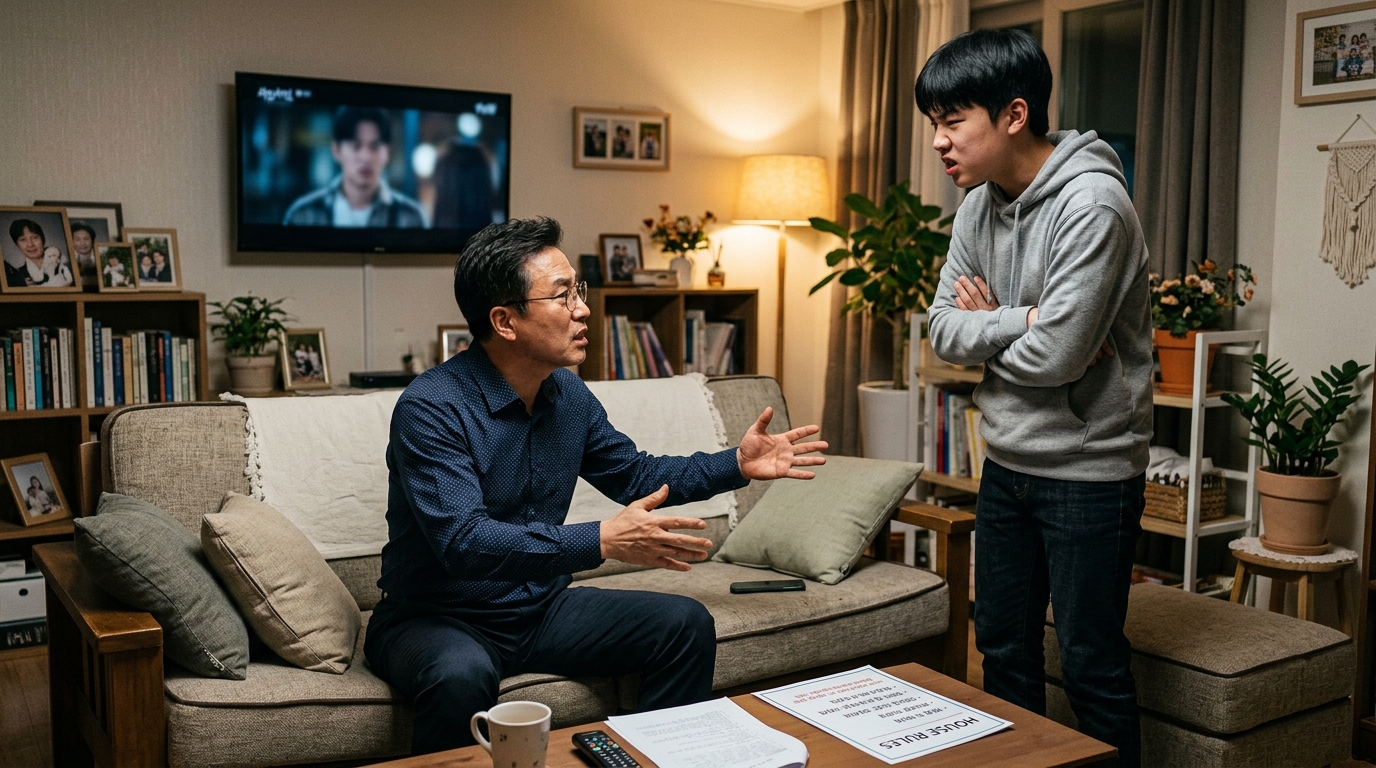 거실에서 집안 규칙을 두고 격론 중인 한국인 새아버지와 십대 아들, 양측 모두 좌절감을 느끼는 모습