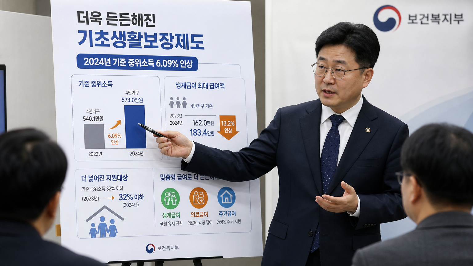 공무원이 사무실에서 차트를 통해 국민에게 생계급여 인상 내용을 설명하는 모습