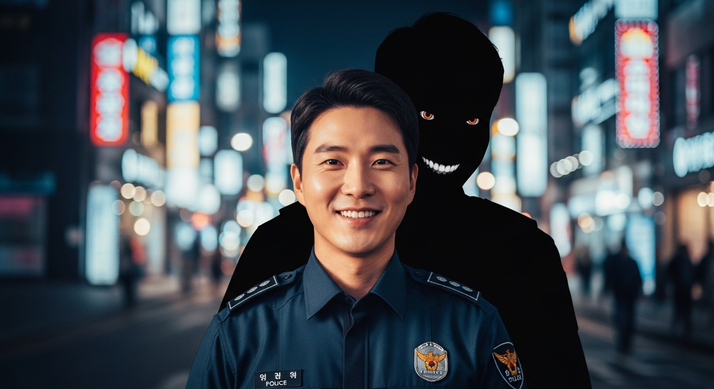 도시 배경에서 미소 짓는 얼굴 뒤에 숨겨진 음산한 그림자의 한국 경찰 모습