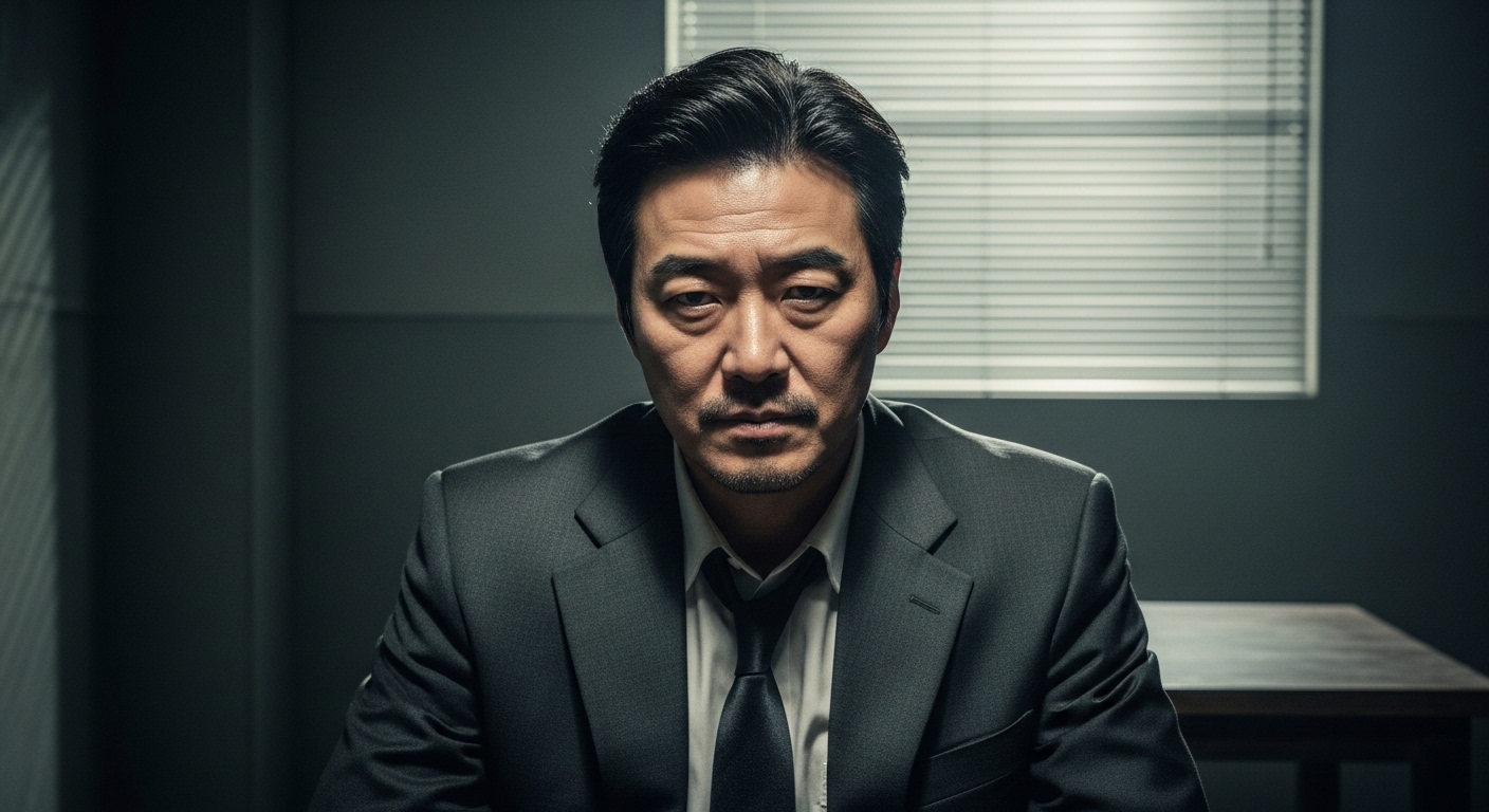 신뢰를 주는 동시에 숨겨진 악의를 가진 한국 형사의 모습
