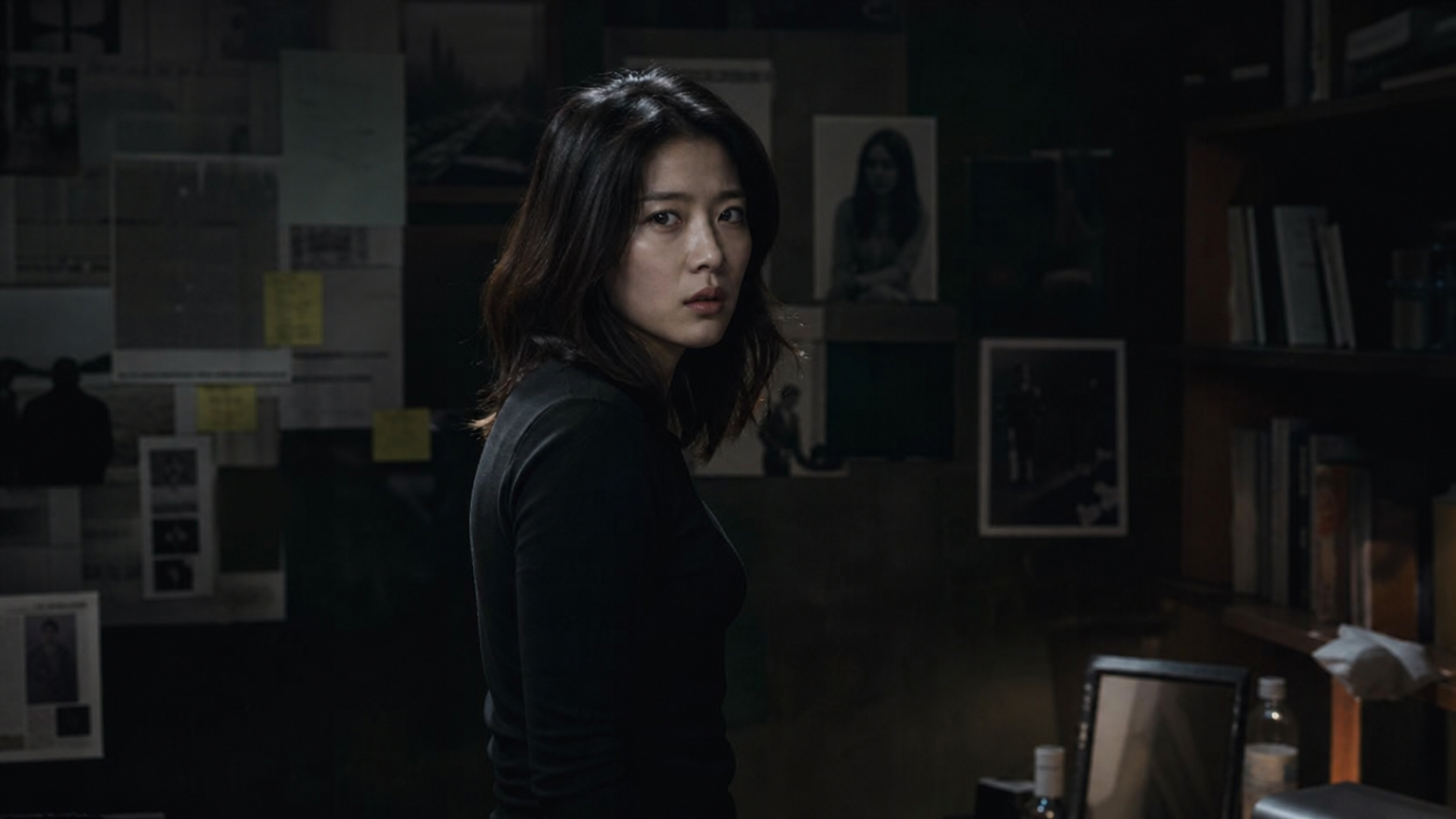 어두운 방에서 긴장한 표정으로 서 있는 여성의 모습