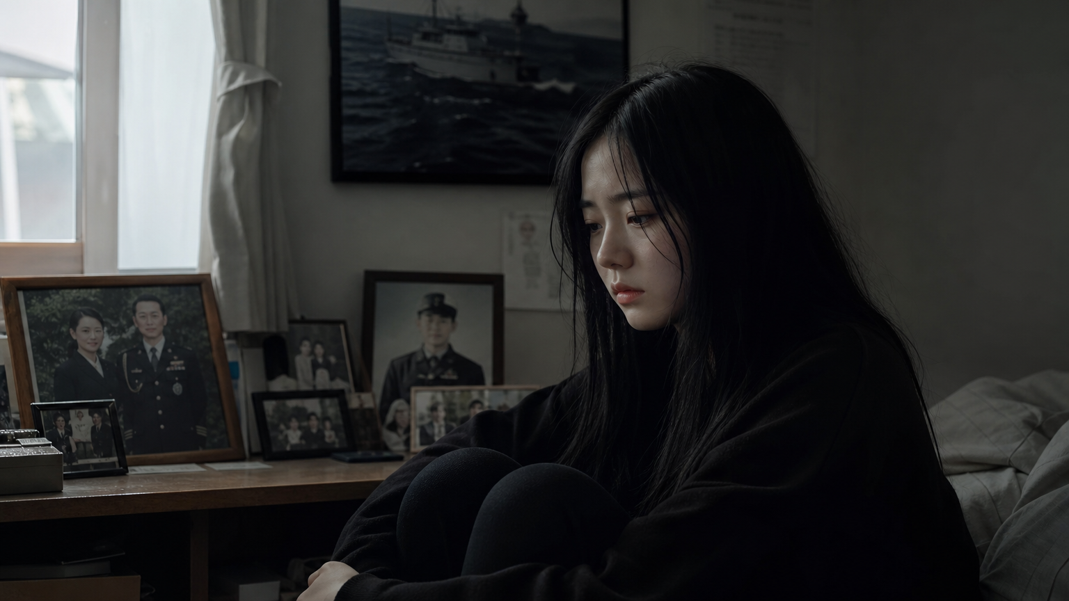 슬픈 표정으로 가족 사진에 둘러싸인 어린 소녀