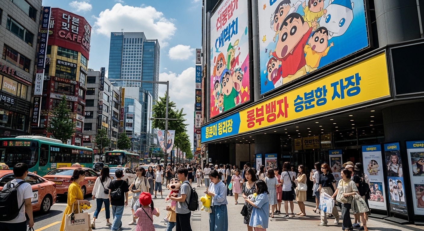 서울 거리에서 여름 방학 시즌에 맞춰 개봉하는 짱구 영화 광고 배너가 걸린 모습