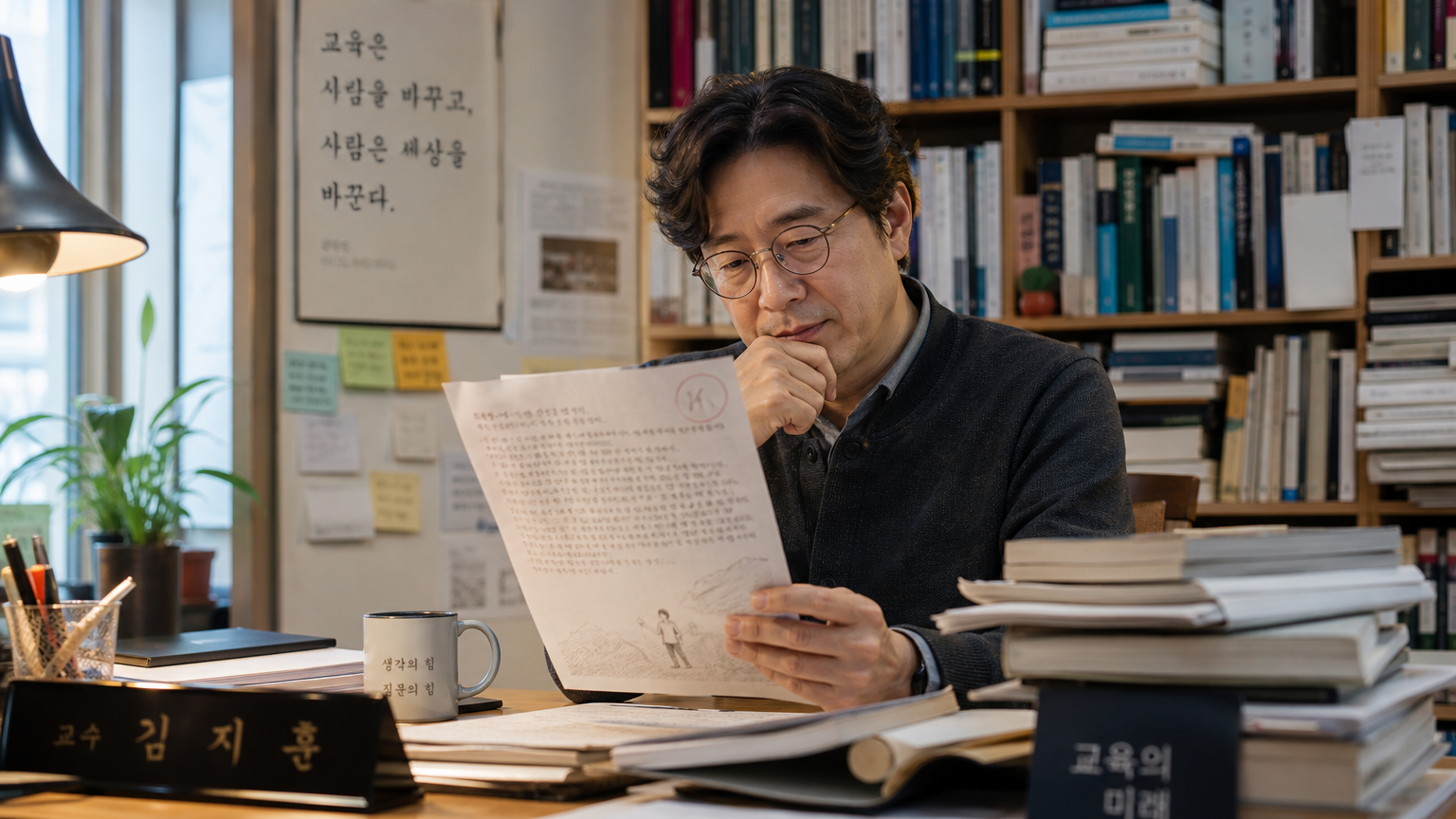 책상에서 학생의 독특한 에세이를 읽고 있는 한국 교수