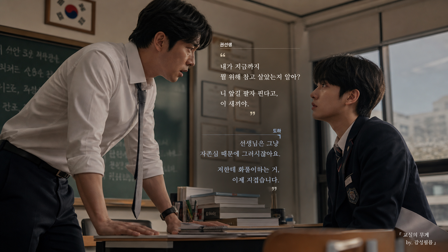 교실에서 한국 선생님과 학생 간의 강렬한 대화 장면