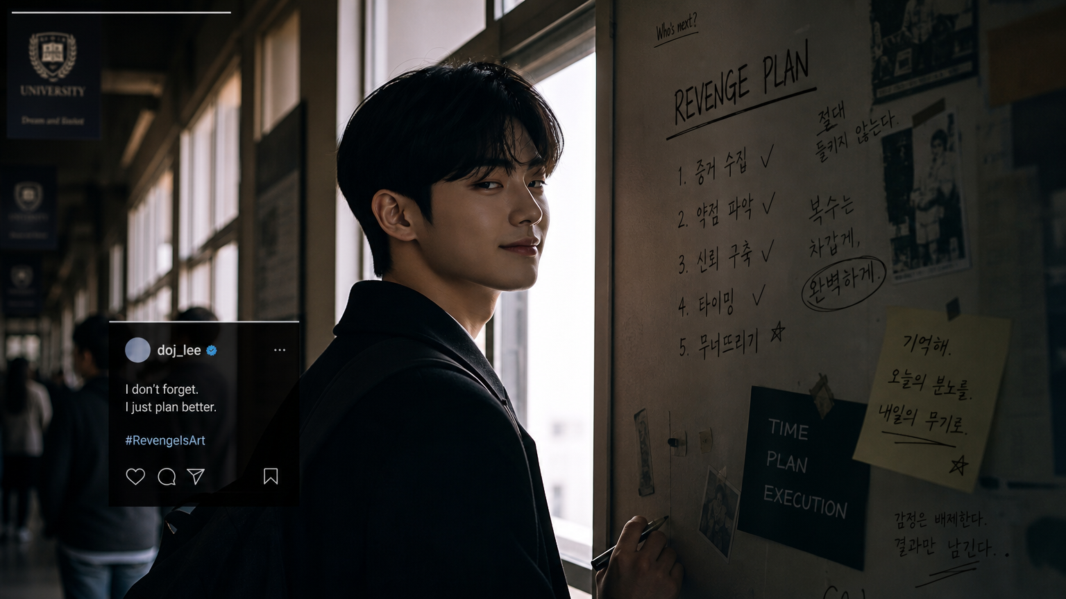 자신감 넘치는 표정으로 복수를 계획 중인 대학 복도 속 한국 학생