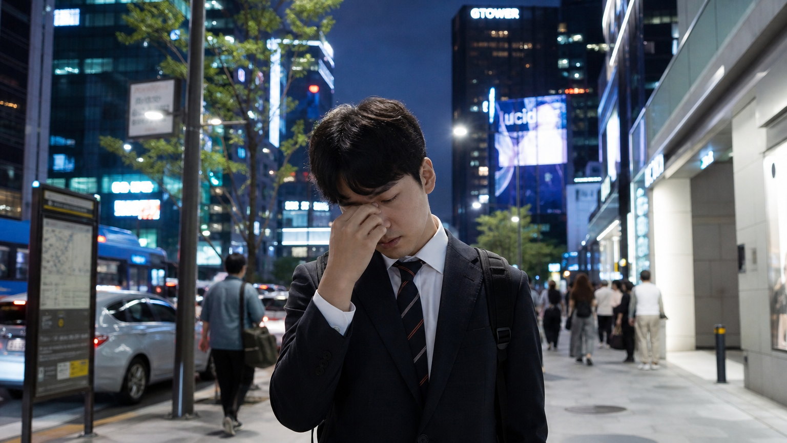 서울 강남 거리에서 피곤해 보이는 현대적인 직장인의 모습