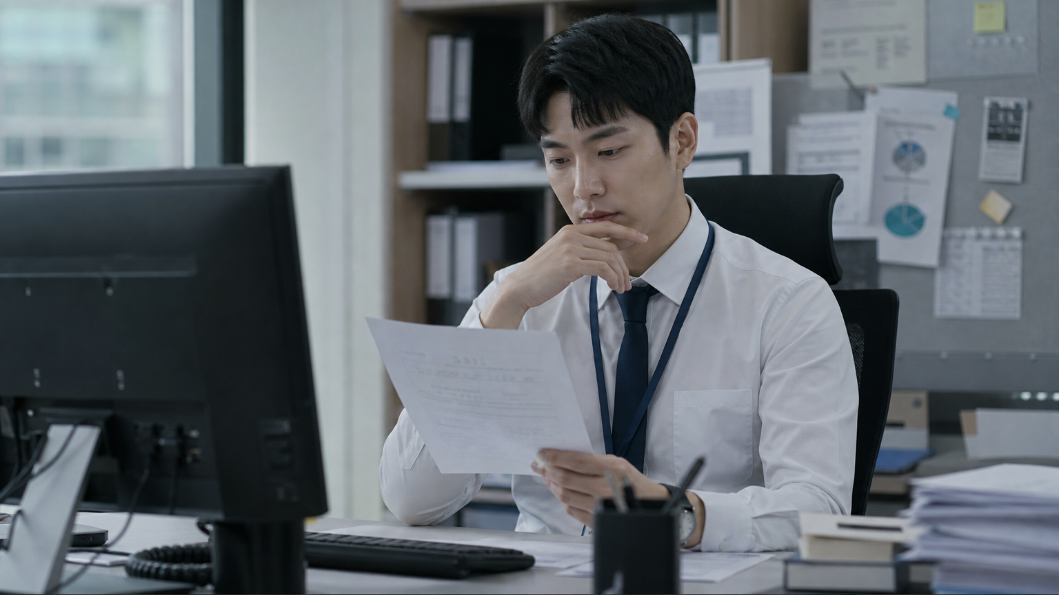 사무실에서 공문서를 검토하는 한국인 직장인의 모습