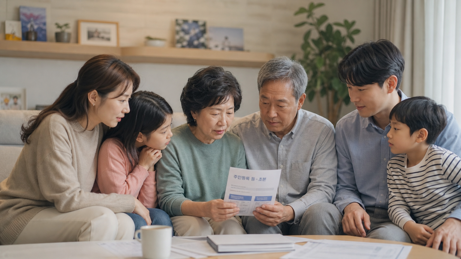 가족들이 거실에 모여 앉아 서류 변경에 대해 이야기 나누는 장면
