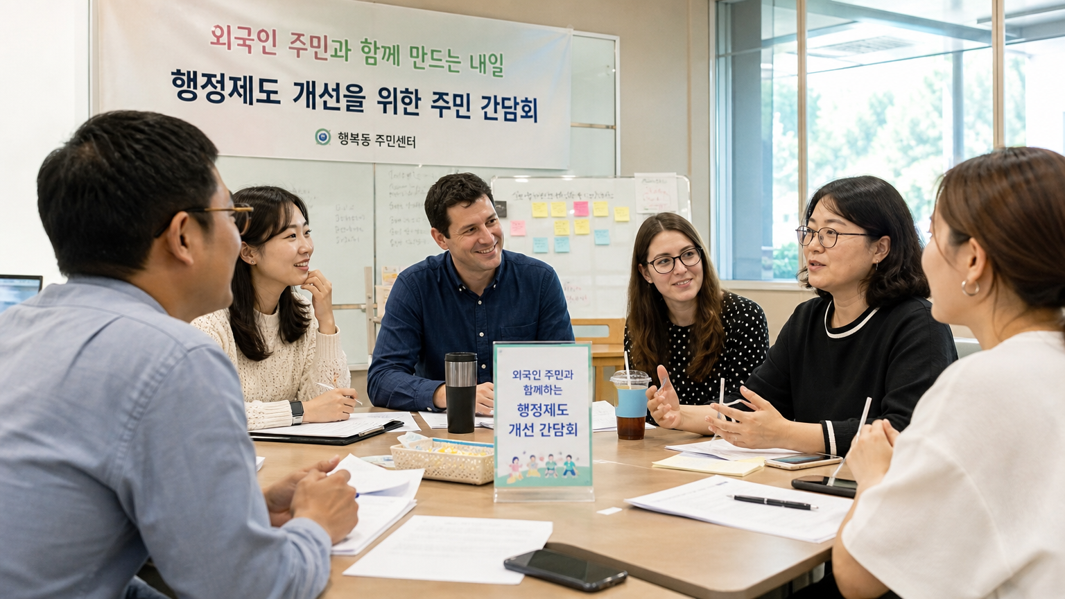 다문화 센터에서 행정 서비스 개선에 대해 논의 중인 다양한 국적의 사람들