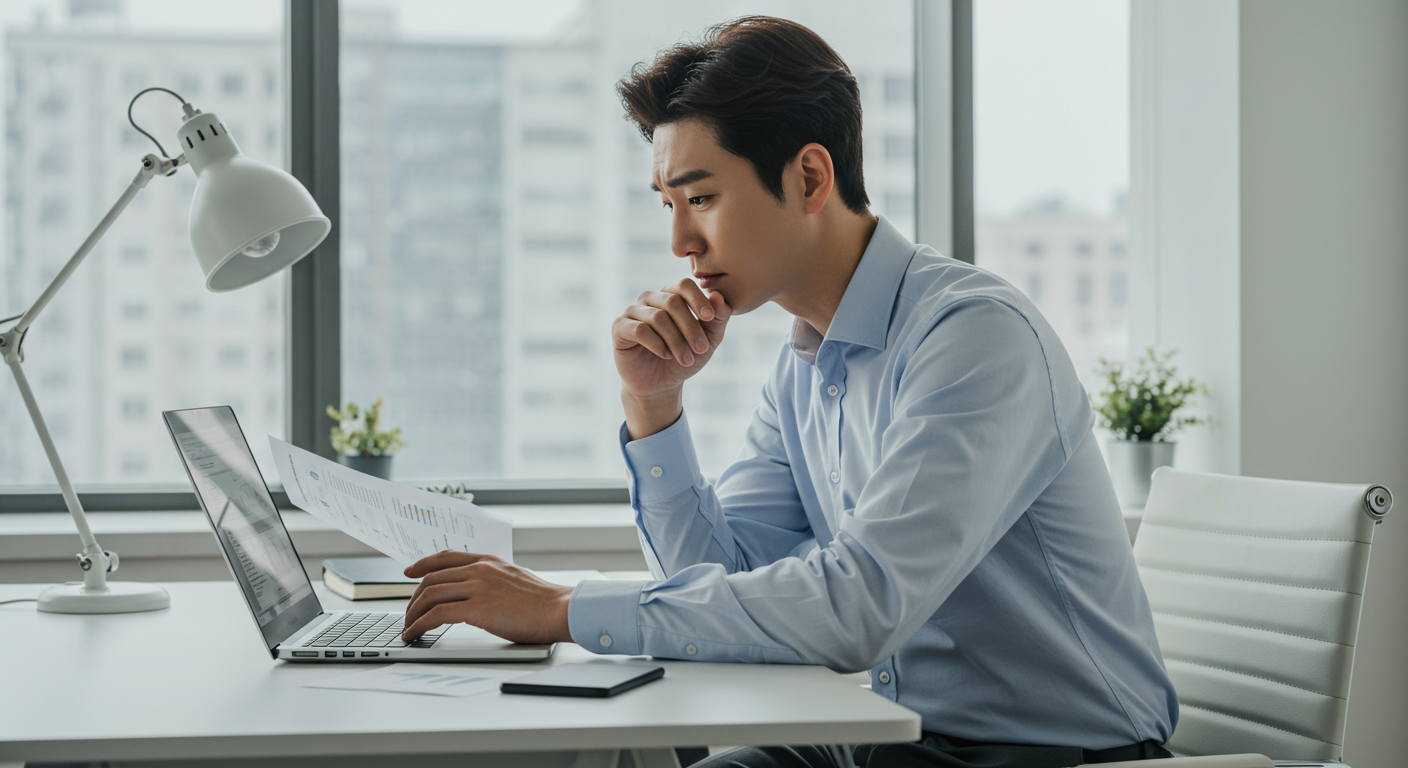 현대적인 사무실 책상에서 재정 서류를 검토하는 소상공인의 걱정스러운 모습