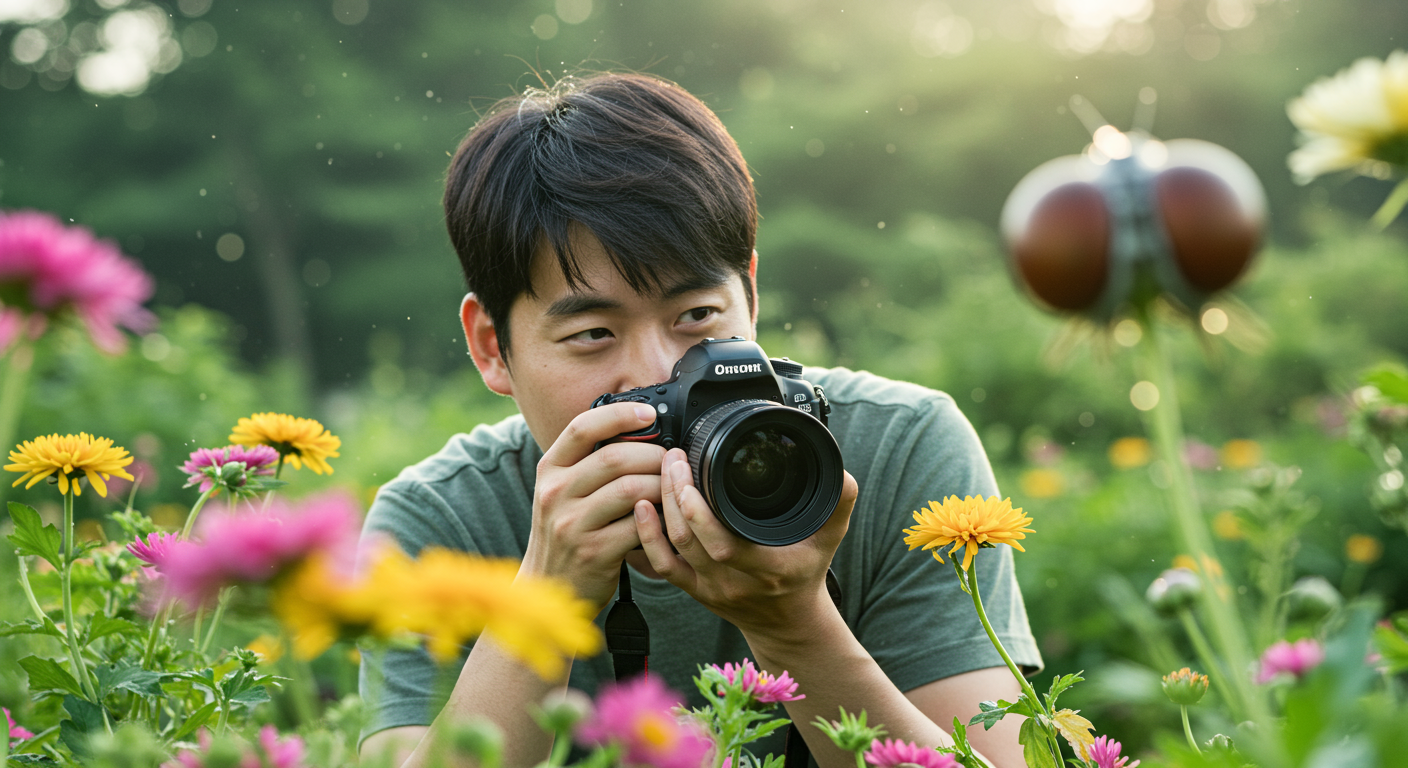 사진작가가 카메라를 들고 꽃잎의 물방울과 곤충의 눈을 근접촬영하는 모습