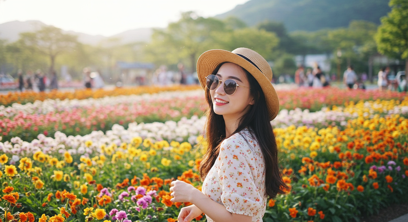 넓은 모자와 선글라스를 쓴 사람의 야외 활동 모습